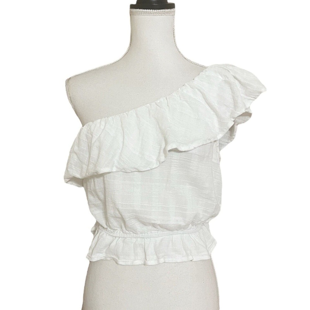 American Eagle Outfitters AEO Ruffle One Shoulder Cropped Top Ivory White Sz S